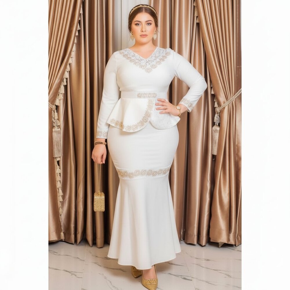 Royal White Peplum Mermaid Gown  L - 3XL